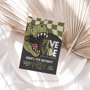 May include: A birthday invitation with a dinosaur graphic. The invitation reads "Five is a Vibe" and includes details for Krew's 5th birthday, including the date, time, and RSVP information. The design features a green and black color scheme.
