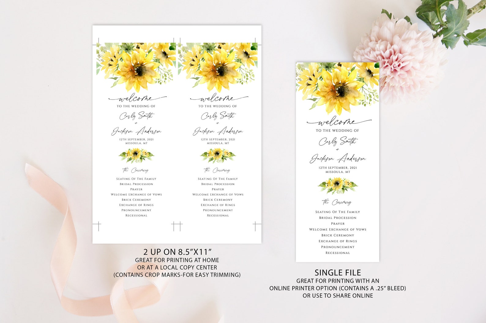 Sunflower Wedding Program Template Order of Service | Etsy