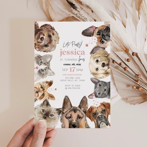 Faire-part d'anniversaire modifiable pour chien et chat, invitation Pawty pour chiot et chaton, anniversaire de Pawty, fille rose pour chien refuge pour chien, vétérinaire, a62