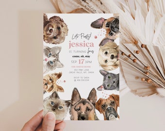 Editable dog and Cat Birthday Invitation, Puppy & Kitten Pawty Invite , Let's Pawty Birthday, Pink Girl Doggie Shelter Animal, Vet, a62