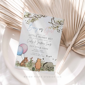 Editable, Classic Winnie the Pooh Bear Gender Reveal Invitation,He Or She What Will baby bee,Boy or Girl.Sometimes the Smallest Things,a70bg