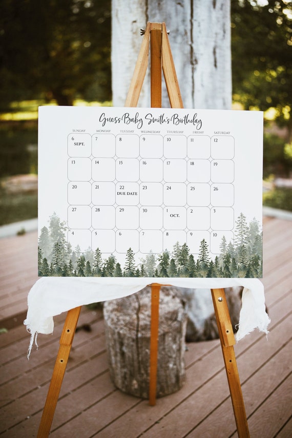 Baby Due Date Calendar Sign, Editable Baby Birthday Prediction Game Template, Woodland Baby Shower Game, DIY Digital Printable, Woodsy, p14