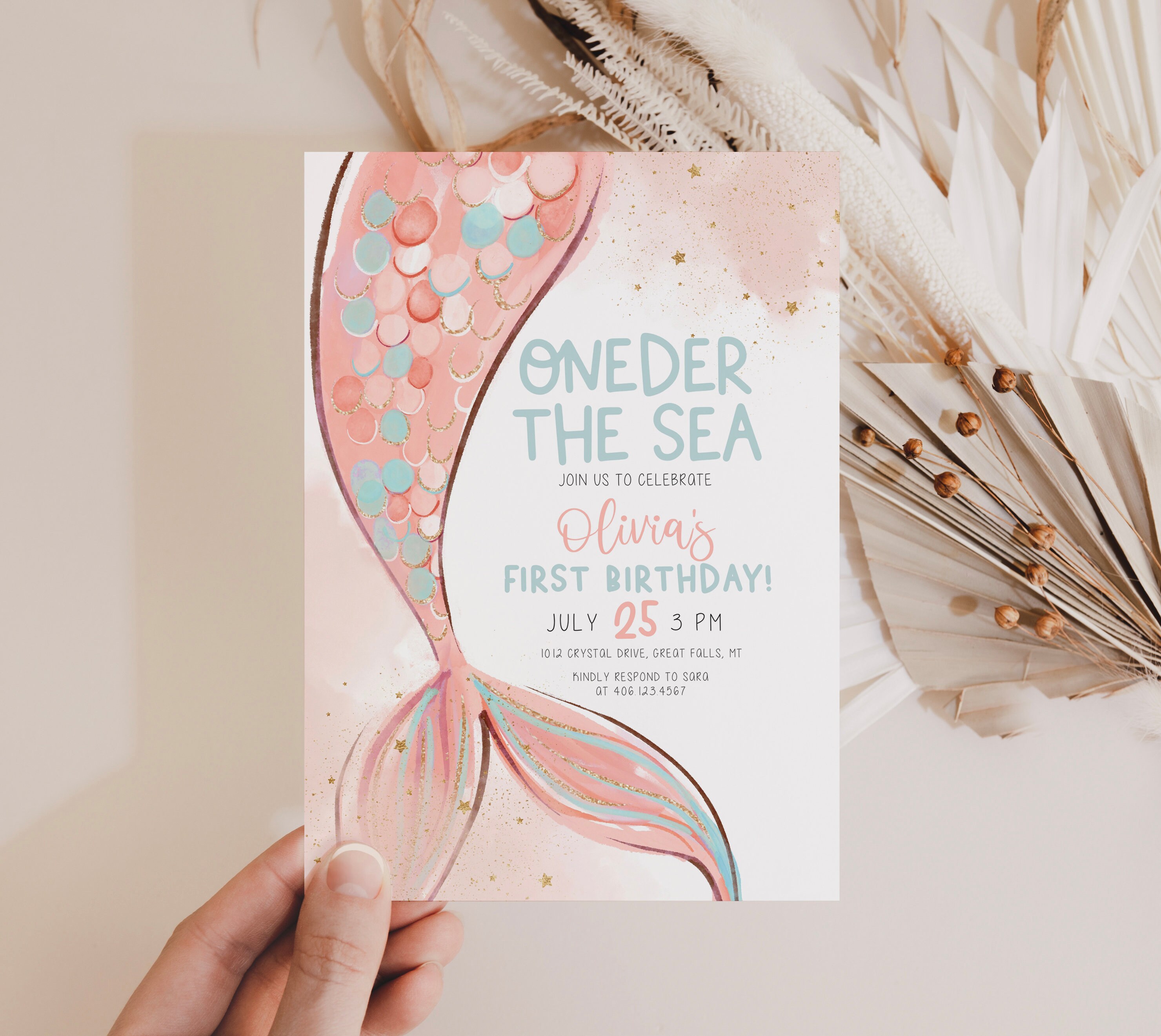 Editable ONEder the Sea Birthday Party Invitation Mermaid First Birthd -  Design My Party Studio
