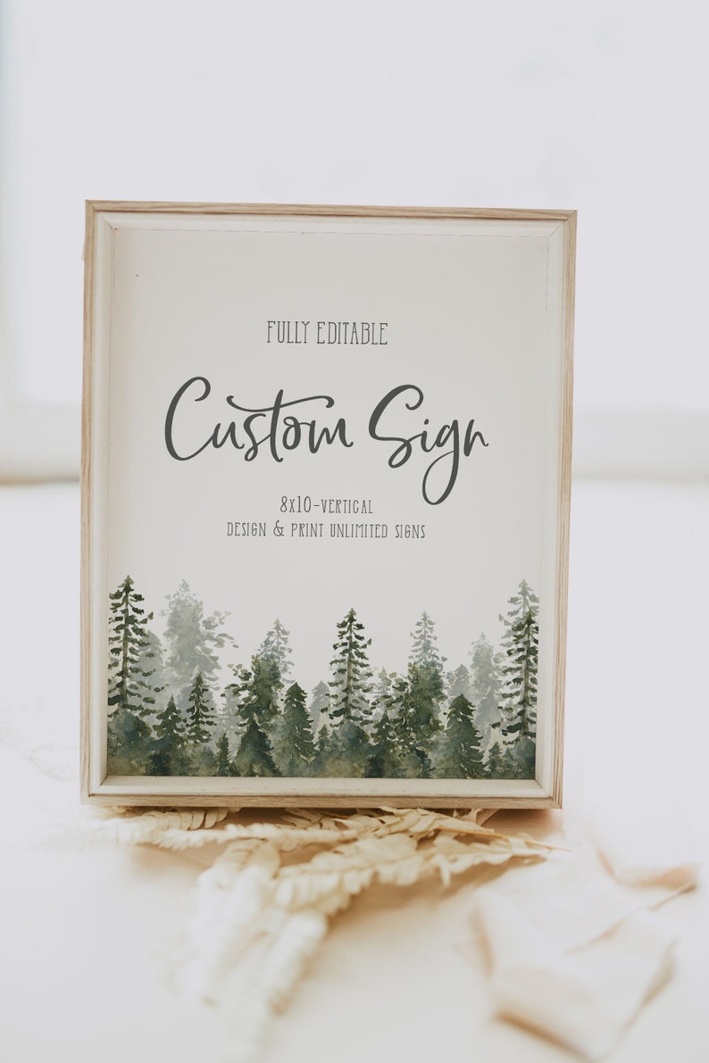 Puede incluir: Un cartel enmarcado con el texto "Fully Editable Custom Sign 8x10 - Vertical Design & Print Unlimited Signs" y una ilustraci&oacute;n de acuarela de un bosque con &aacute;rboles verdes.