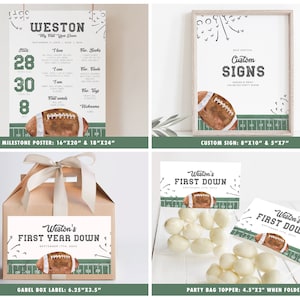 May include: A set of printable football-themed party decorations for a baby shower or first birthday. The set includes a milestone poster, a custom sign, a gable box label, and a party bag topper. The decorations feature a watercolor illustration of a football and green and brown color scheme.