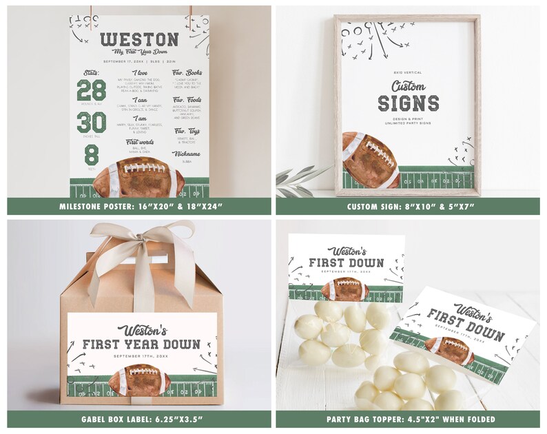 May include: A set of printable football-themed party decorations for a baby shower or first birthday. The set includes a milestone poster, a custom sign, a gable box label, and a party bag topper. The decorations feature a watercolor illustration of a football and green and brown color scheme.