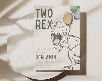 TWO Rex Birthday Invitation Printable Template, Tyrannosaurus Invite, T-Rex Prehistoric Dinosaur Party Canva Template Digital File a156