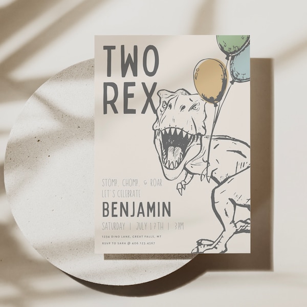 TWO Rex Birthday Invitation Printable Template, Tyrannosaurus Invite, T-Rex Prehistoric Dinosaur Party Canva Template Digital File a156