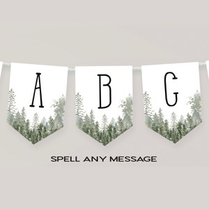 Puede incluir: Una pancarta blanca con un fondo de bosque de acuarela y letras negras que deletrean "A B G". La pancarta dice "SPELL ANY MESSAGE" en la parte inferior.