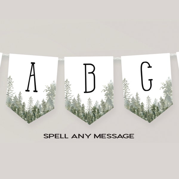 Editable Pennant Banner, Spell any message, Woodland Baby Shower, Woodsy Happy Birthday Banner, Rustic Mountain Pine tree Oh boy Sign, p14