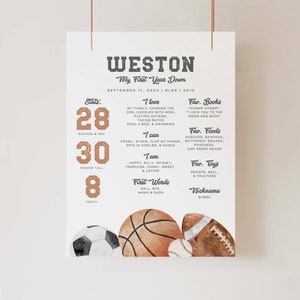 Plantilla imprimible de póster de hitos, letrero deportivo para el primer cumpleaños, estadísticas de cumpleaños de mi año de novato, descarga instantánea, Canva Digital, a121