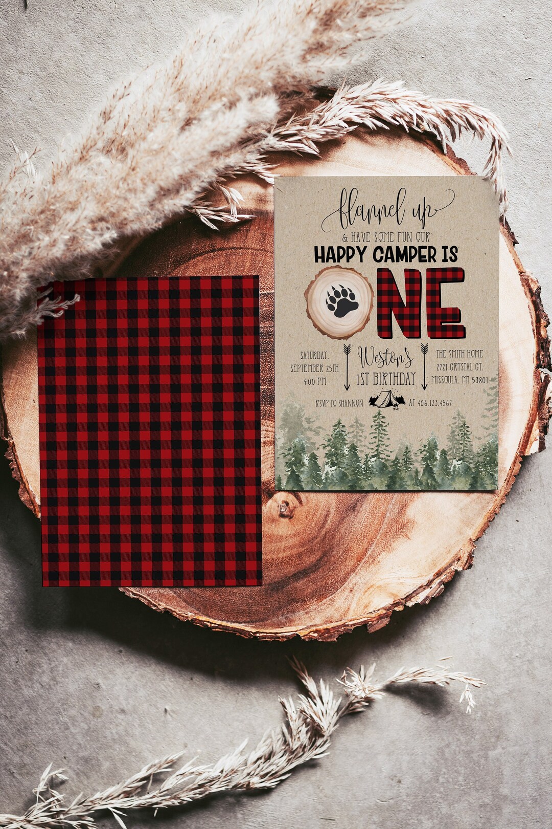 Flannel up First Birthday Invitation Template, DIY Happy Camper Boy ...