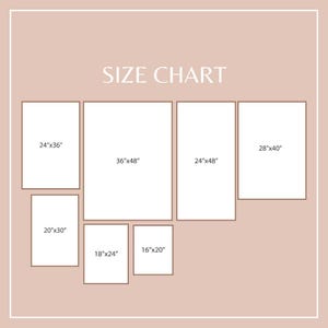 Pu&ograve; includere: Un grafico delle taglie con forme rettangolari di varie dimensioni, tra cui 61x91 cm, 91x122 cm, 61x122 cm, 71x102 cm, 51x76 cm, 41x51 cm e 46x61 cm. Il testo "SIZE CHART" &egrave; visualizzato su uno sfondo marrone chiaro.