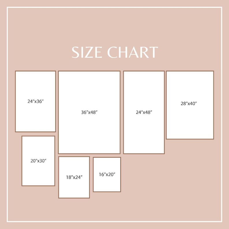 Pu&ograve; includere: Un grafico delle taglie con forme rettangolari di varie dimensioni, tra cui 61x91 cm, 91x122 cm, 61x122 cm, 71x102 cm, 51x76 cm, 41x51 cm e 46x61 cm. Il testo "SIZE CHART" &egrave; visualizzato su uno sfondo marrone chiaro.