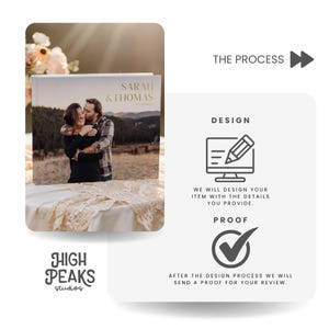 Peut inclure: Un album de mariage avec les noms "SARAH & THOMAS" en lettres dor&eacute;es. L'album pr&eacute;sente une photo d'un couple s'embrassant. L'image comprend &eacute;galement le texte "THE PROCESS", "DESIGN", "PROOF" et le logo "HIGH PEAKS studios".