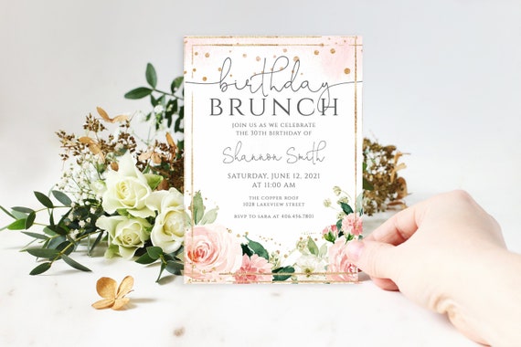 birthday brunch invitation for her 30th birthday invitation blush florals and gold accents 100 editable text instant download p24