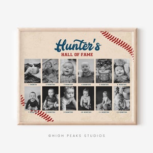 Plantilla de póster de collage de fotos mensual de béisbol, tablero de fotos de mi primer cumpleaños, letrero con imagen del Salón de la Fama, cumpleaños de béisbol vintage, B01