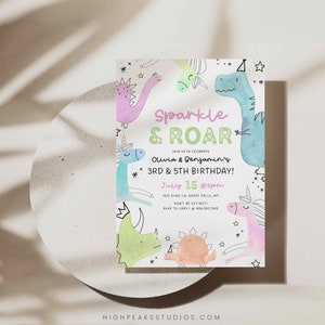 Op de afbeelding: Een kleurrijke uitnodiging voor een gezamenlijk verjaardagsfeest voor Olivia en Benjamin, met een aquarel-illustratie van een eenhoorn, een dinosaurus en een draak. De tekst luidt "Sparkle & Roar" en "Vier met ons de 3e en 5e verjaardag van Olivia en Benjamin!" met de datum en tijd van het feest.