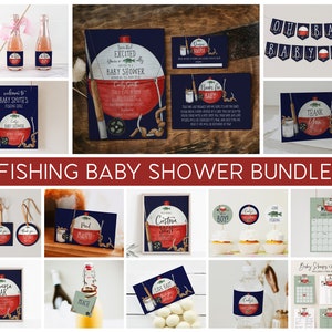 Fishing Baby Shower Invitation Bundle, Fishing Hole Baby Shower Printable Set,DIY Fishing Bobber Boy Baby Shower Big Bundle,Event Bundle,A32