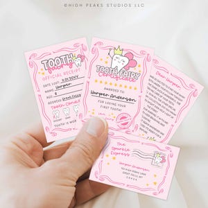 Kit de Cartas Editáveis Mini Fada do Dente, Conjunto de Cartas de Fada, Certificado de Recibo de Carta de Dente Perdido e Moldura de Laço Rosa Envelope, Arquivo Canva V01