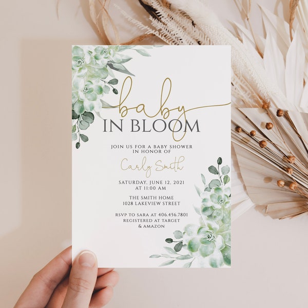 Baby in Bloom Invitation Template, Editable Succulent Baby Shower Invite, 100% EDITABLE Text, Greenery Baby Shower, INSTANT DOWNLOAD,P36,HP2