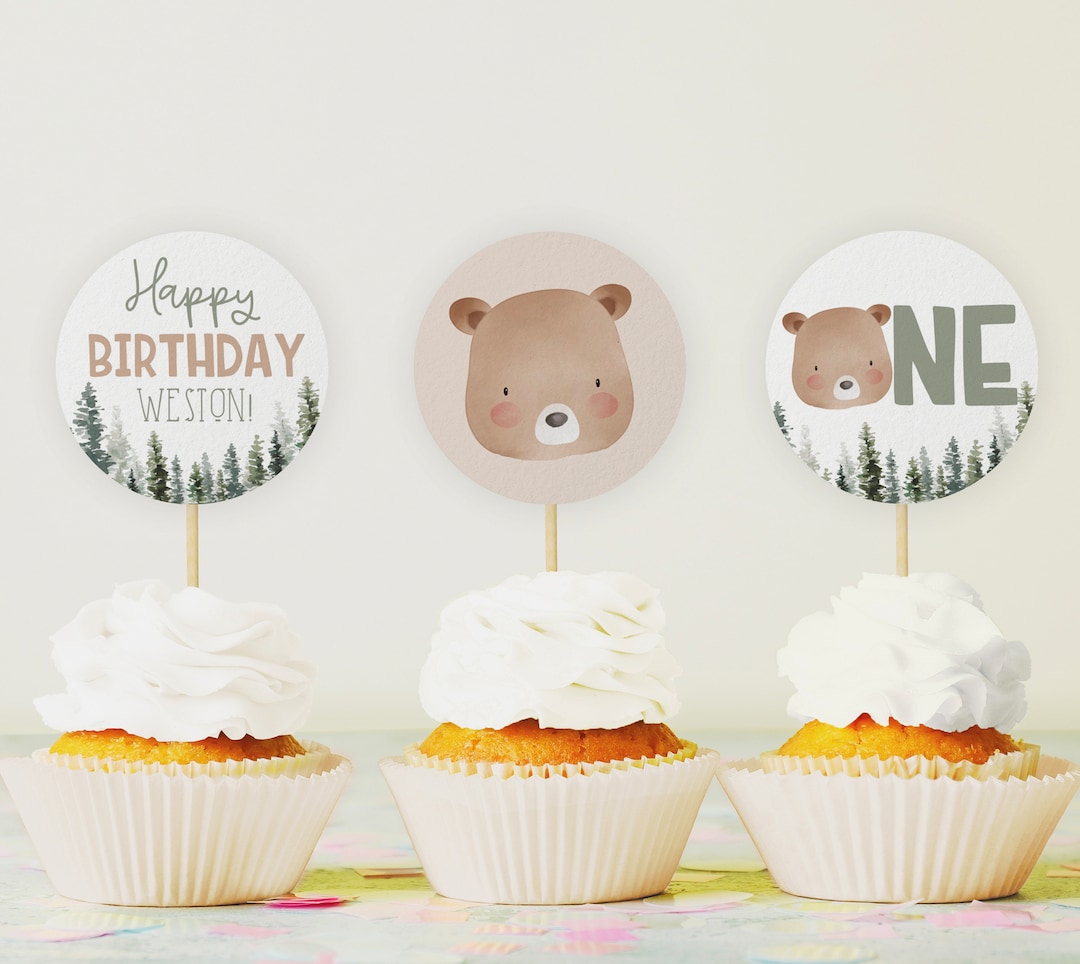Cupcake Topper Template,bear Birthday Boy Cupcake Toppers,1st Birthday ...