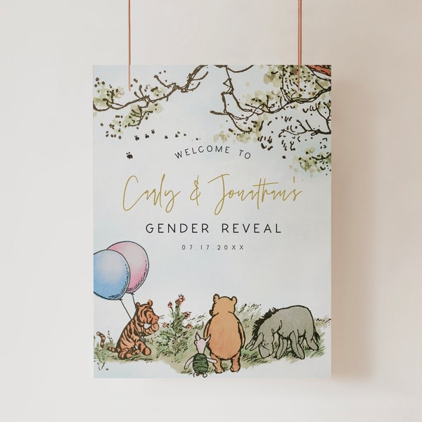 Editable Welcome Gender Reveal Sign, Classic Winnie The Pooh Welcome Poster, Winnie the Pooh Boy Or Girl,Edit all Text, Corjl Template,a70gr