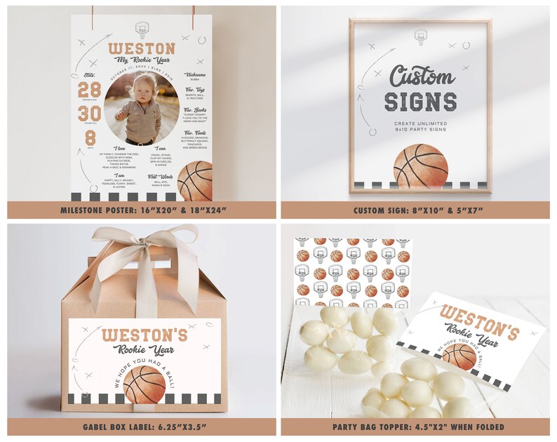 May include: A set of printable party decorations for a basketball-themed birthday party. The set includes a milestone poster, a custom sign, a gable box label, and a party bag topper. The decorations feature a basketball, a basketball hoop, and the text "Weston's Rookie Year".