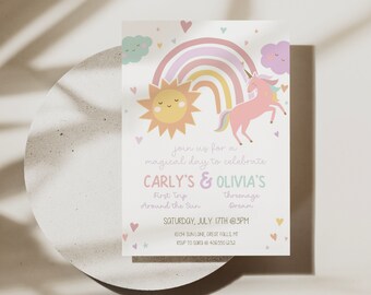 Joint Birthday Invitation Printable, Unicorn and Sunshine Magical Party Invite Girl Pink Pastel, Editable Rainbow Sibling Birthday a153