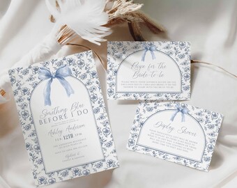 Vintage Dusty Blue Bow Bridal Shower Invitation Set Templates, Floral Toile Something Blue Before I Do, Display Shower, Recipe Card HPS47b