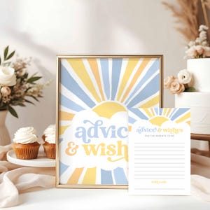 Modelli stampabili per biglietti d'auguri e cartelli modificabili con consigli e auguri, Baby Shower Sonshine per bambino, Arriva il figlio, Modello Canva, HPS57y