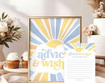 May include: A printable baby shower advice card with a yellow and blue sunburst design. The card says "advice & wishes for the parents-to-be" and has lines for guests to write their advice.