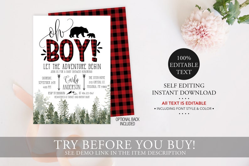 Lumberjack Baby Shower Invitation Editable, Buffalo Plaid Wilderness Bear Invitation, Rustic Boy Shower, EDIT ALL TEXT, Instant Download,A01 image 3