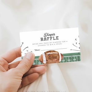 Tarjeta de rifa de pañales imprimible, inserto de invitación para baby shower de fútbol, tarjeta de pañales para fiesta, trae un paquete de pañales, archivo CANVA para baby shower, a98