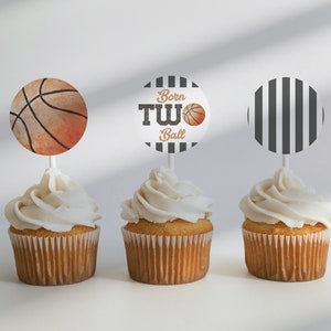 Basketball-Geburtstags-Kuchendeckel druckbar, geboren mit zwei Ball Basketball, 6 Designs, All-Star-bearbeitbare Partydekoration, Canva-Datei A132