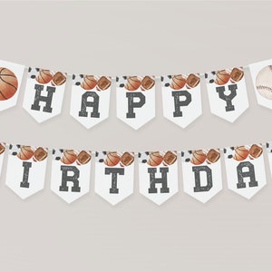 Sport alles Gute zum Geburtstag Wimpel Banner Printable, Multi Sport Partydekorationen, Rookie Jahr Party digitaler Download, a121
