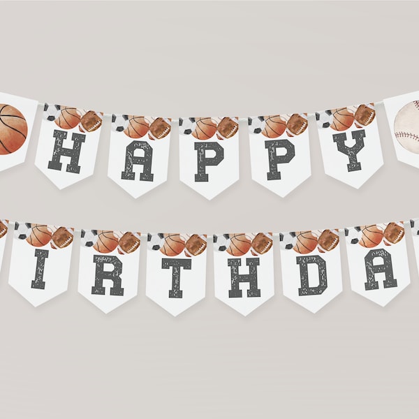 Sports Happy Birthday Pennant Banner Printable, Multi Sport Party Decorations, Rookie Year Party Digital Download, a121