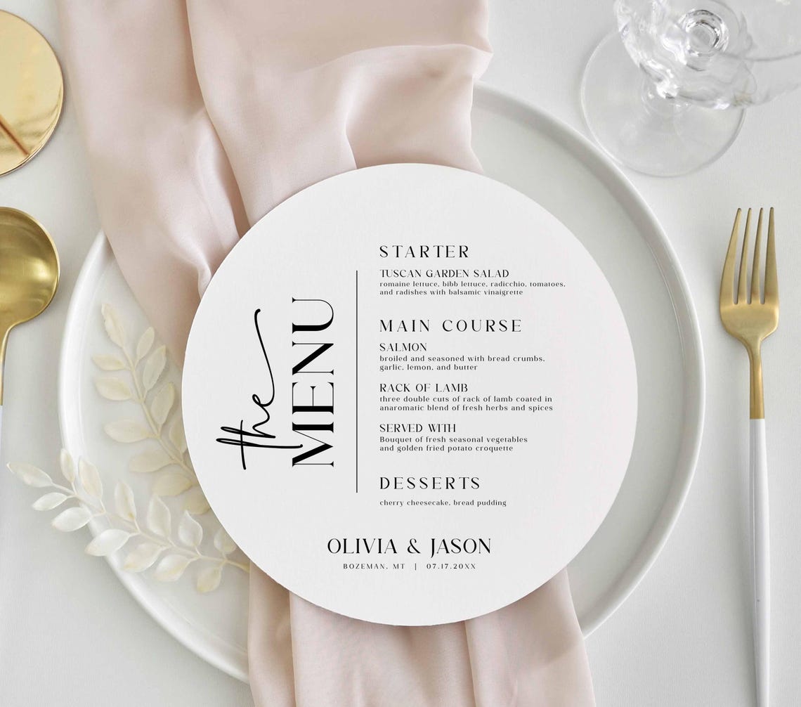 Minimalist Round Dinner Menus, Modern Wedding Circle Menu, 6in Printed ...