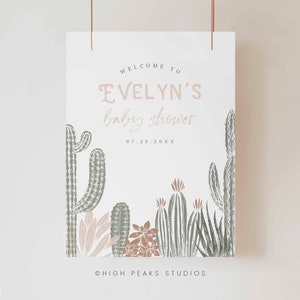 Kaktus Babyparty Willkommensschild, Fiesta Desert Boho Großes Willkommensplakat Vorlage, Bearbeitbare Canva Datei Printables, a158