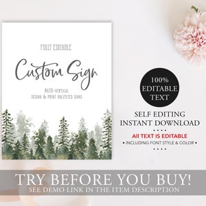 Puede incluir: Plantilla de cartel vertical totalmente editable de 20,3 x 25,4 cm con un fondo de bosque de acuarela. El texto dice "Custom Sign" y "100% Editable Text".