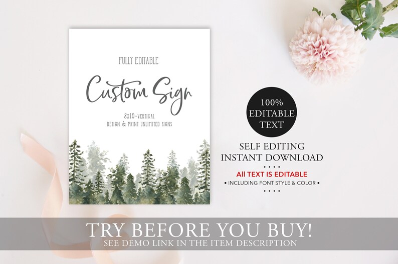 Puede incluir: Plantilla de cartel vertical totalmente editable de 20,3 x 25,4 cm con un fondo de bosque de acuarela. El texto dice "Custom Sign" y "100% Editable Text".