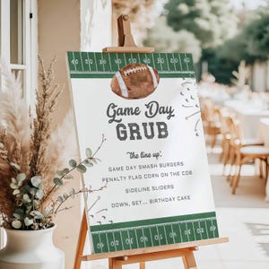 Editable Football Party Menu, Game Day Grub, Food Lineup, It&#39;s Game Time, Football Birthday Signage Decor, Instant Download Canva File, a98