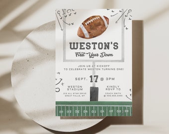 Football Birthday Invitation, First Year Down, Game On, Football Invite, Editable First birthday Invite Template, Boy Birthday Invite,a98