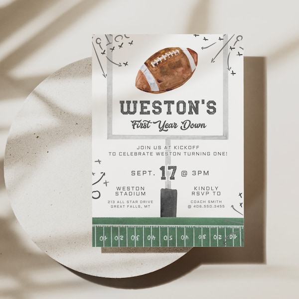 Football Birthday Invitation, First Year Down, Game On, Football Invite, Editable First birthday Invite Template, Boy Birthday Invite,a98