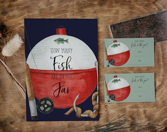 How many fish are in the jar game printable, Fishing Baby Shower Game, Boy Fishing Bobber Baby Shower Activity, Edit all Text, a32