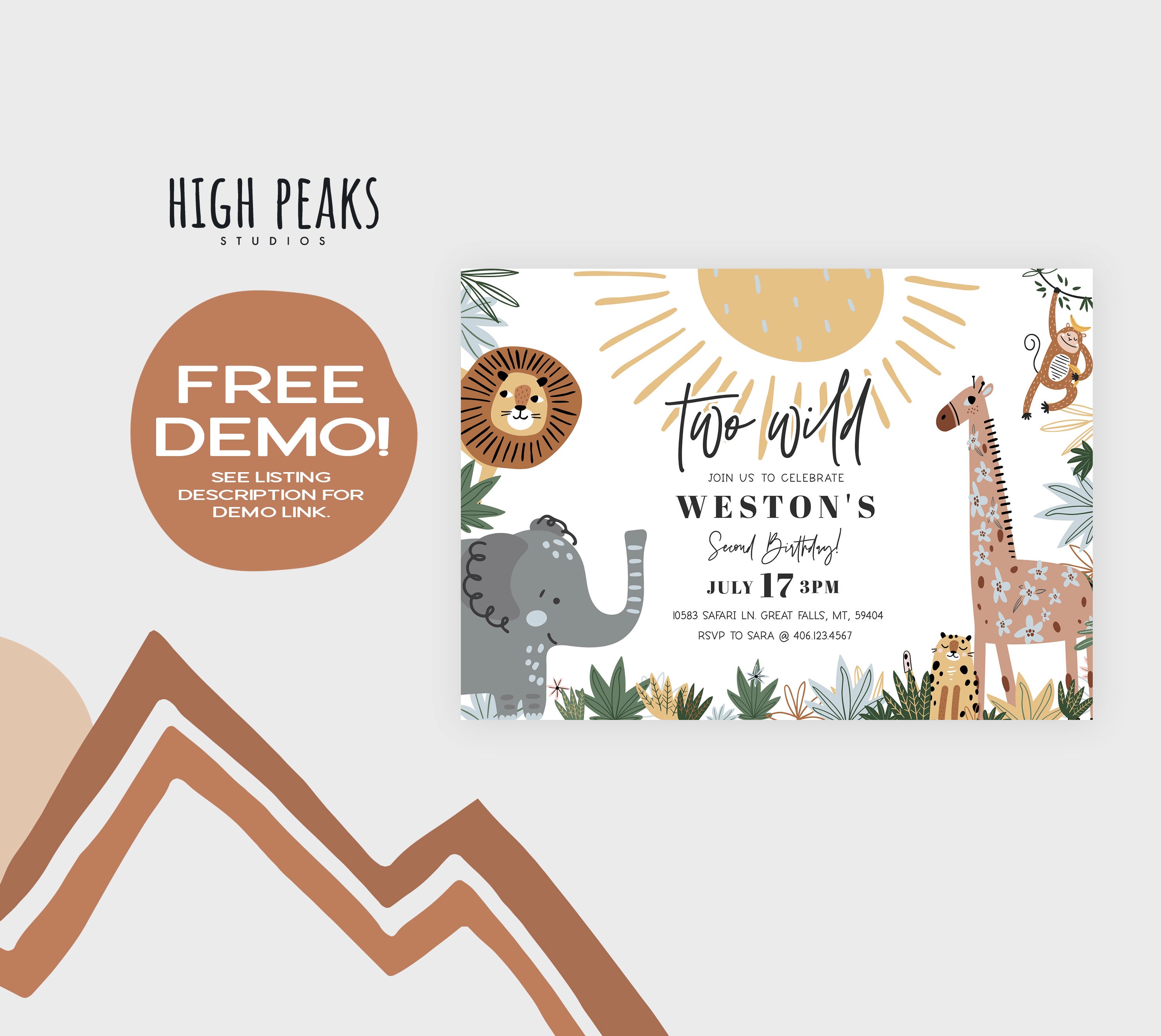 Two Wild Second Birthday Invitation Boy, Safari 2nd Birthday