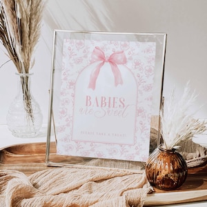 Pink Bow Babies Are Sweet bord afdrukbaar, vintage roze coquette strik bloemen toile, neem een traktatie, Franse toile, instant download HPS47p