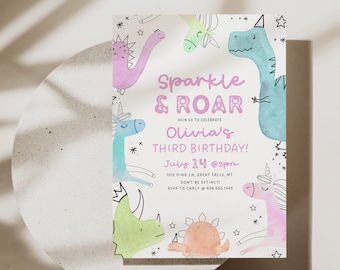 Unicorn and Dinosaur Birthday Invitation Girl, Sparkle and Roar, Colorful Birthday Invite, Unicorns T-Rex Canva Template Digital File HPS16