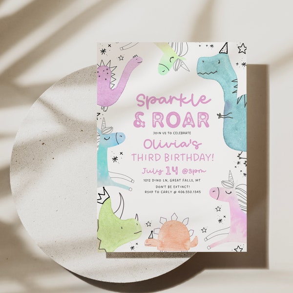 Unicorn and Dinosaur Birthday Invitation Girl, Sparkle and Roar, Colorful Birthday Invite, Unicorns T-Rex Canva Template Digital File HPS16