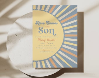 Boho Sun Baby Shower Invitation Boy, Yellow and Blue Sunshine, Here comes the Son Retro Bohemian Boy Baby Shower invite digital a88
